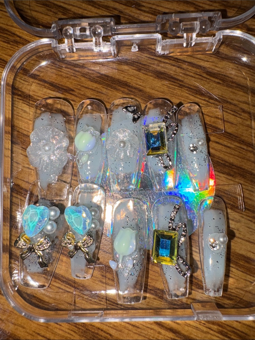 Holographic Clear Press-On Nails with Blue Gem Accents
